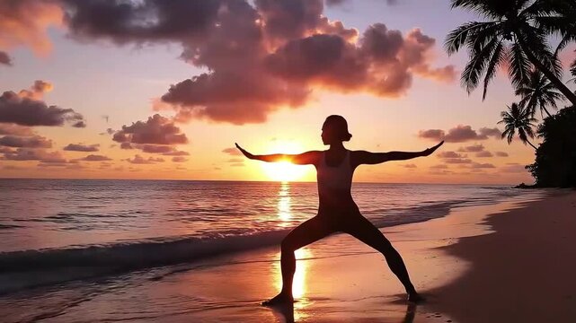 Yoga woman silhouette practicing tree pose on tropical beach during golden sunset for wellness and relaxation Surya Namaskar