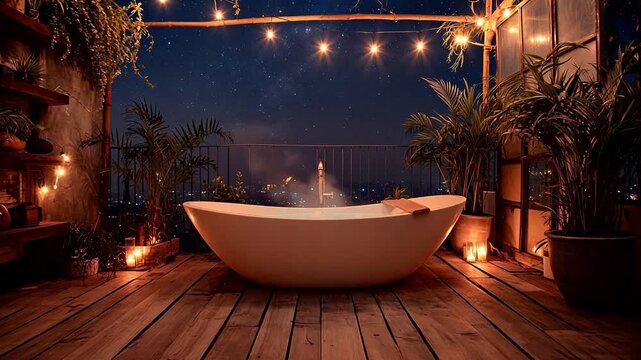 Outdoor bathtub under starry sky