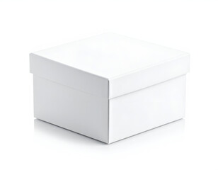 Fototapeta premium A clean white, square box sits on a reflective white surface