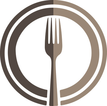 A simple flat design logo featuring a fork surrounded by two concentric circles, depicted in shades of brown