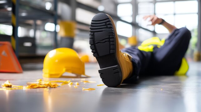 Worker Slipping on Wet Factory Floor with Safety Gear and Equipment Nearby