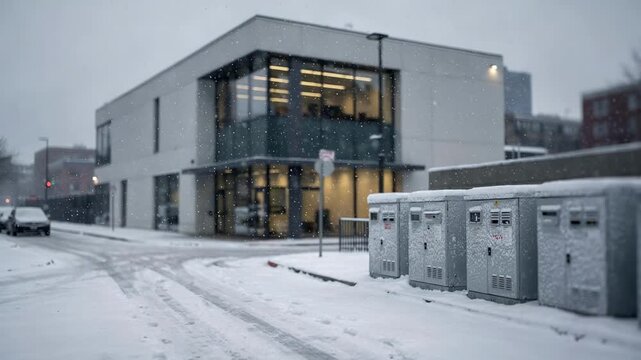 Snowcovered medium shot capturing a fiberfed telecom hubs exterior with the main building sharply defined and softfocus snowy streetside cabinets creating a serene winter urban