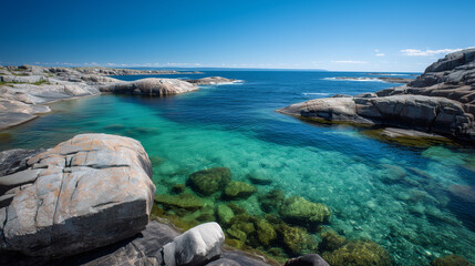 Coastal paradise clear turquoise water rocky coastline under blue sky with sunny day
