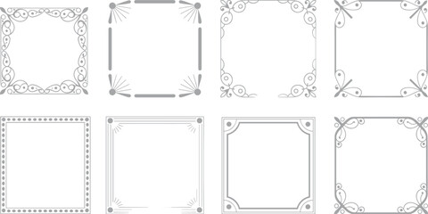 Set of vintage square frame icons with decorative floral and geometric border elements isolated on white background for vector design.