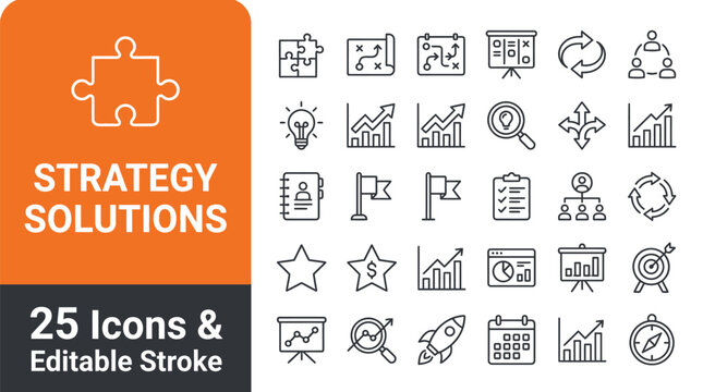 Strategy solutions icons show puzzle piece and planning flowcharts.
