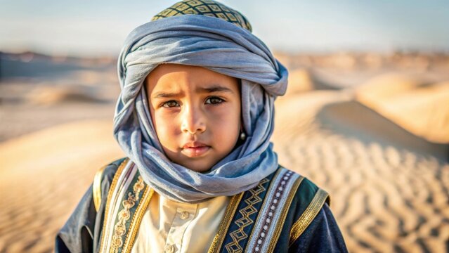 Algerian Child in Traditional Gandoura and Turban
