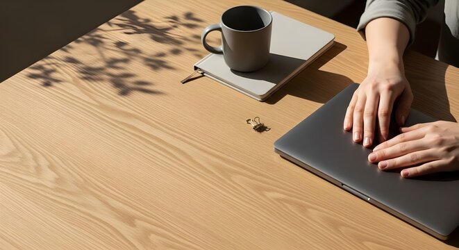 A person's hands rest on a closed laptop on a minimalist wooden desk with coffee and notebook.