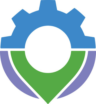 Blue gear segment and green downward arrow combined with purple arcs suggesting progress, direction, and industry