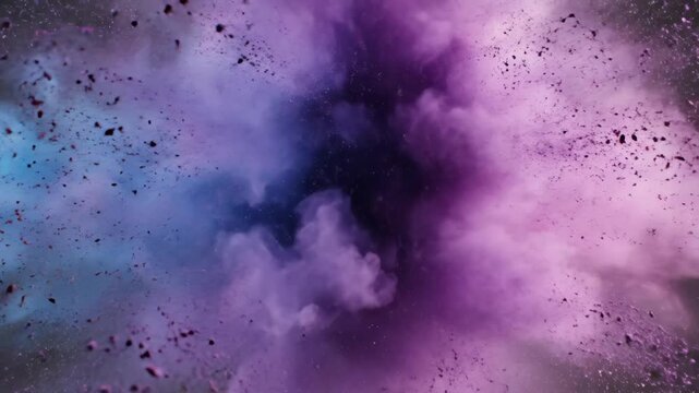 Abstract purple and blue explosion of smoke and dust creating a dramatic cosmic effect. Colorful clouds blend into a rich background with swirling hues of purple and blue.