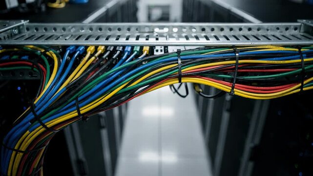 Overhead tray in a data center with cables routed neatly focused on twisted bundles suspended above racks while the aisle below is softly blurred.