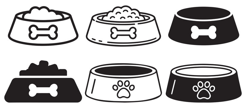 Minimalist line art pet bowls with bone symbols outline set. vector illustration eps 10