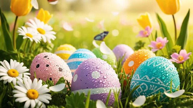Colorful Easter eggs in a spring meadow with flowers and butterfly