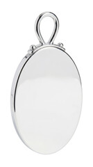 A shiny silver oval locket with a loop isolated on transparent background