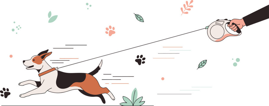 Running dog pulling retractable leash vector illustration energetic pet walking concept with owner hand holding lead