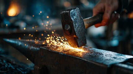 A blacksmith hammering a glowing piece of metal in a workshop with sparks flying everywhere.