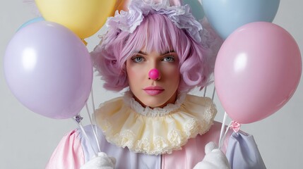 Obraz premium Clown with Balloons: A whimsical individual, dressed as a clown with vibrant makeup and a bouquet of pastel balloons, exudes an air of playfulness and celebration.