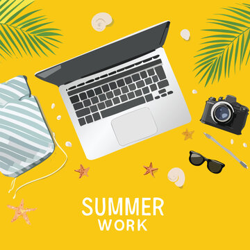Summer work scene laptop camera sunglasses starfish seashells overhead view