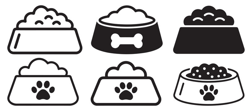 Pet food bowl icon set with bone and paw print symbols. vector illustration eps 10