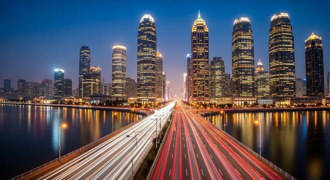 Stunning Night View of Shanghai Cityscape with Illuminated Skyscrapers and Streaks of Light from Moving Traffic.