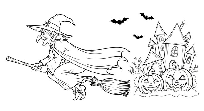 Wicked Witch on Broomstick Flying Past Haunted Castle and Jack-o'-Lanterns &ndash; A Spooky Halloween Adventure Illustration