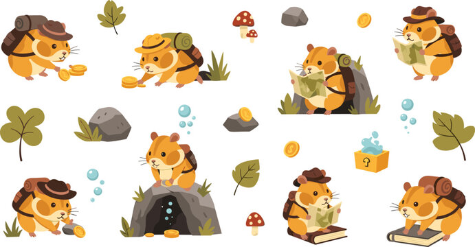 Cute hamster explorer cartoon vector set funny animal adventurer characters with map backpack treasure nature illustration