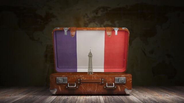 Eiffel Tower and vintage suitcase with flag of France. Travel and tourism to Paris, France