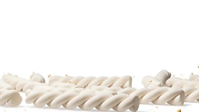 Food items fly through air with crumbs around them on white background