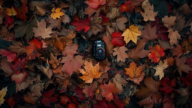 A camera lies on a vibrant pile of autumn leaves on the ground outside.