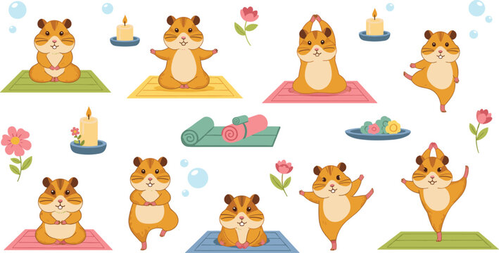 Cute hamster yoga cartoon vector set funny animal meditation characters doing fitness poses wellness lifestyle illustration
