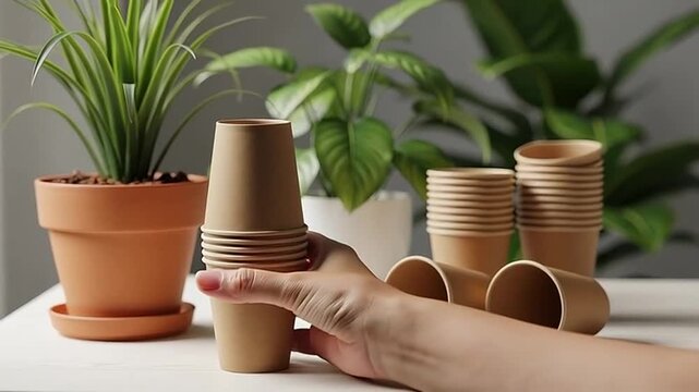 A person is arranging brown paper cups on a table with green plants in the background.