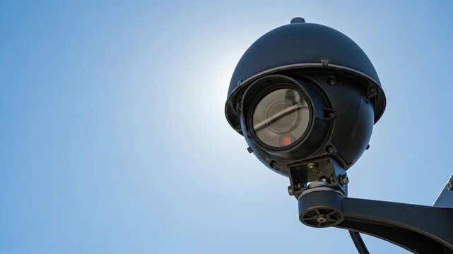 A security camera mounted on a pole against a bright blue sky