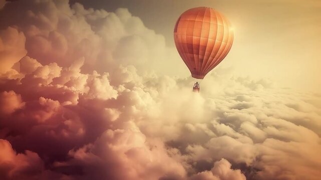 A hot air balloon floats gently through the sky above fluffy white clouds.