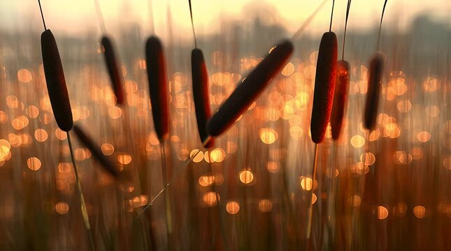 Golden hour bokeh background featuring cattails and reeds in a tranquil wetland scene evoking warmth serenity and natural beauty for design projects