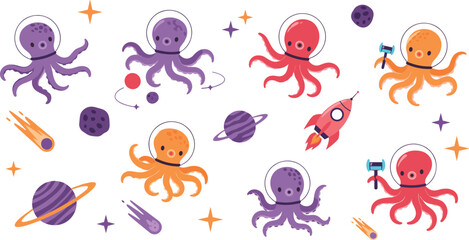 Cute octopus astronaut cartoon vector set funny space explorer sea animal characters planets rocket galaxy illustration © MdNipon