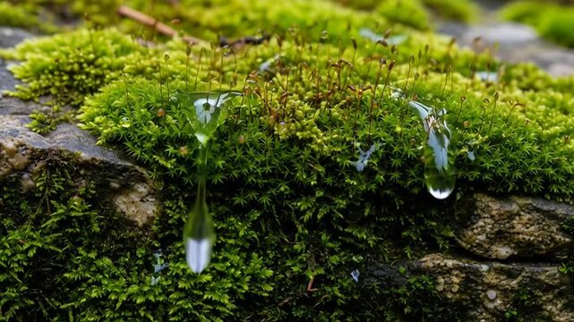 Moss grows on a damp stone wall in a natural outdoor environment with greenery.