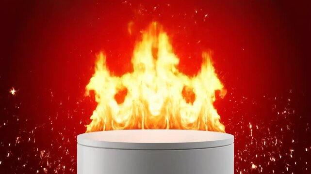 A silver podium with flames rising from the top, set against a dark red background with sparks flying around, conveying a sense of luxury and intense display.
