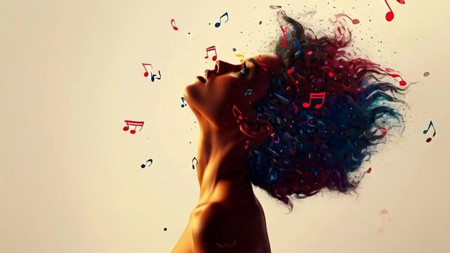 Vibrant music notes burst from a woman's head in a colorful explosion of emotions and sound.