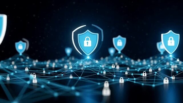 Network security concept with shields and locks on a digital background