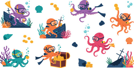 Cute octopus scuba diver cartoon vector set underwater treasure hunting sea animal characters marine adventure illustration © MdNipon