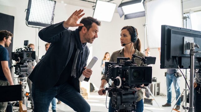 Director discussing project with cinematographer on film set  