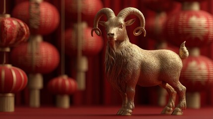 Fototapeta premium Golden Goat Figure in Festive Chinese New Year Celebration Scene