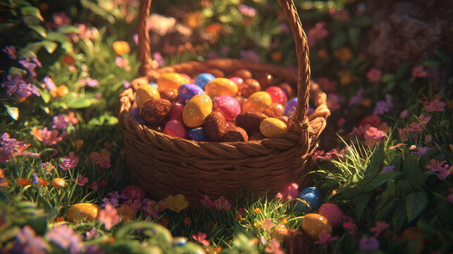 A delightful Easter basket overflowing with colorful chocolate eggs, nestled among fresh green grass and delicate spring flowers