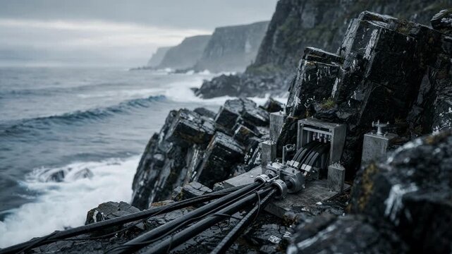 Focused submarine cable entry point on jagged rocky coast background ocean and cliffs softly faded for depth emphasis.