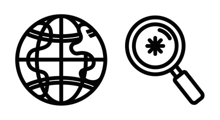 Two black and white icons: stylized globe and magnifying glass, symbolizing global search and exploration