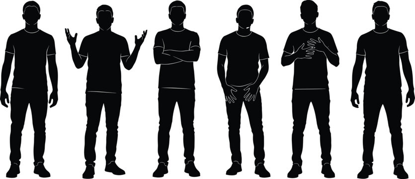 Collection of standing man silhouettes in different poses, casual male figures isolated on light background for people, character, and design