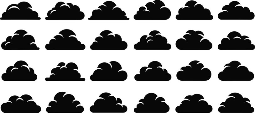 Set of cloud silhouettes collection in different shapes, simple cartoon style weather clouds isolated on light background for design use