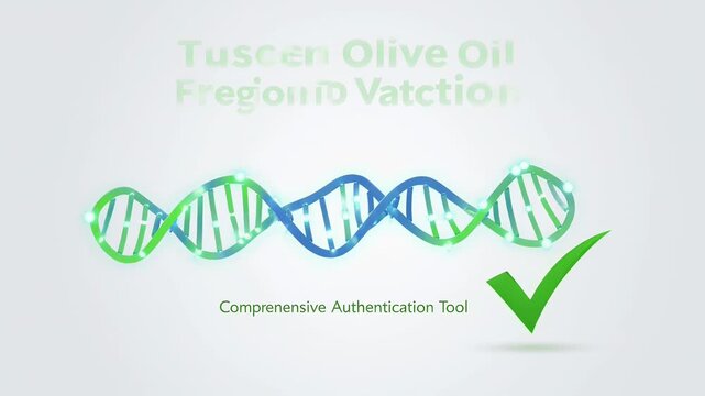 Olive oil fraud detection system showcasing DNA analysis, authentication tool, and database coverage statistics for regional varieties ensuring consumer confidence and market integrity