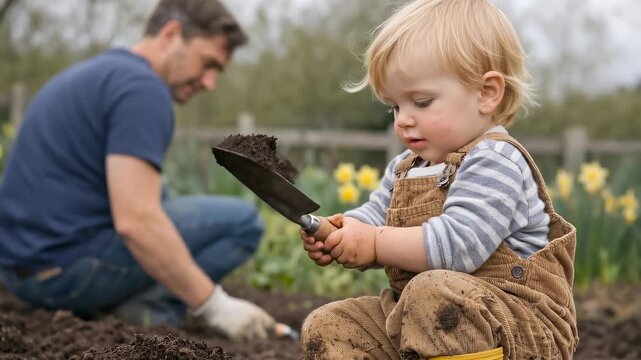 A cute toddler in overalls plays with soil and a small shovel in a garden with his father in the background. Family gardening activity, outdoor childhood development, spring season hobby.