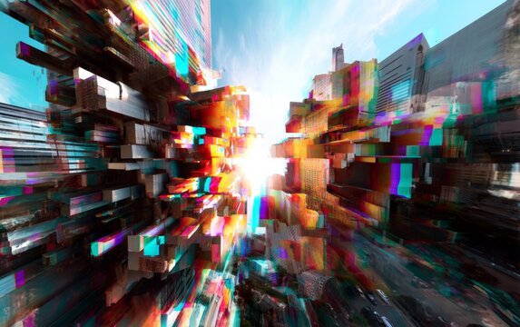 Chaotic 3D Glitch Art with Color Shifts and Warning Aesthetic in Urban Landscape