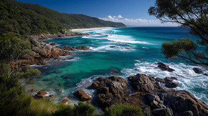 Fototapeta premium Stunning coastal scenery with turquoise waters meeting the golden sand, rugged cliffs, creating dramatic contrast